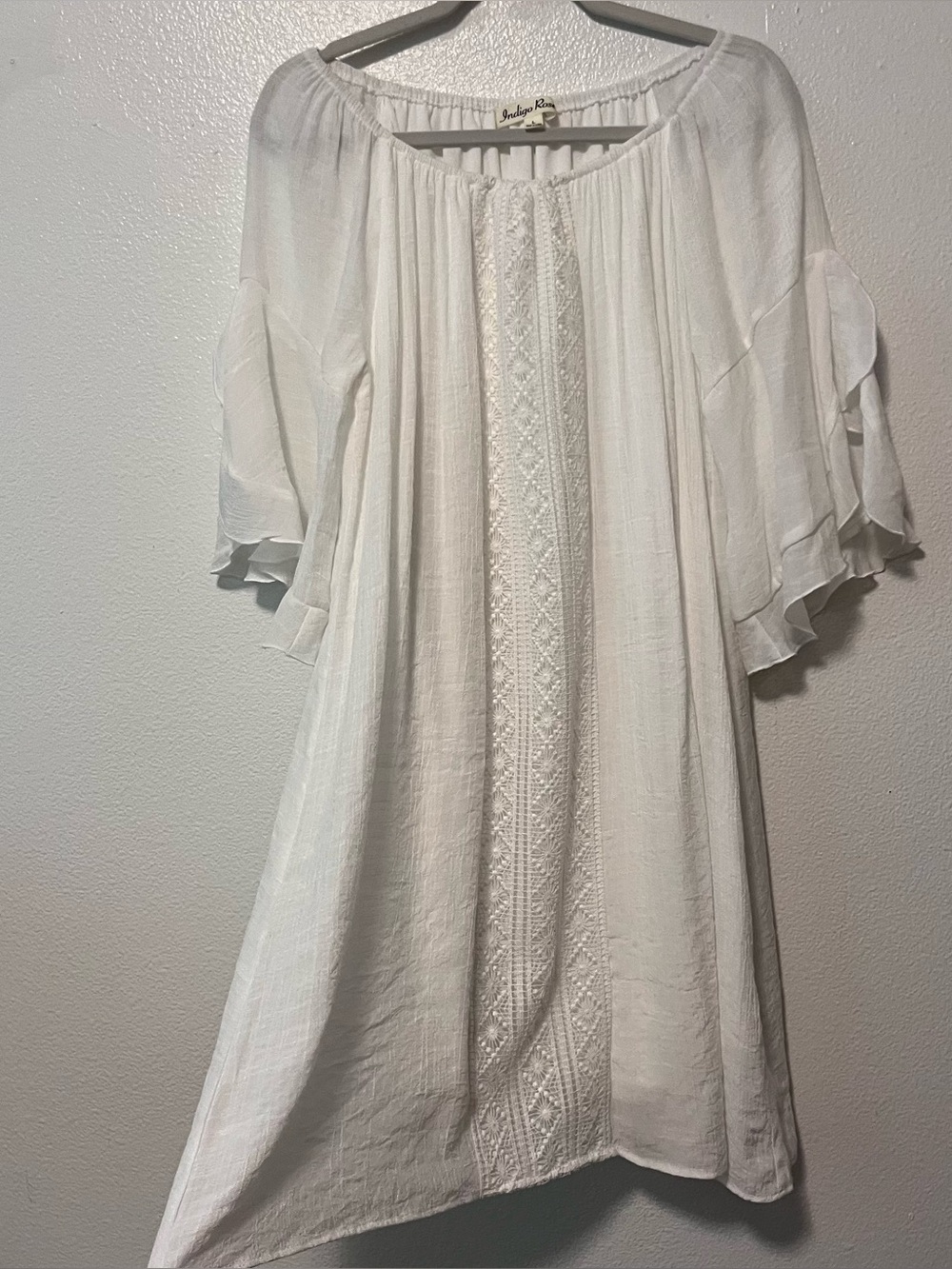 Indigo Rose Flutter Sleeve White Boho Embroidered Peasant Dress Large